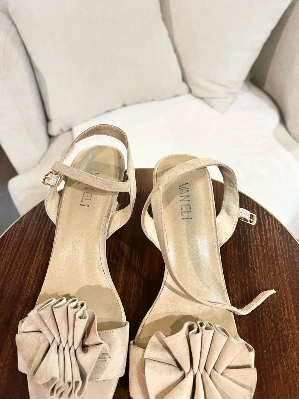 VANELi Beige Nude Suede Ruffle Ankle Strap Kitten Heel Sandals, size 10